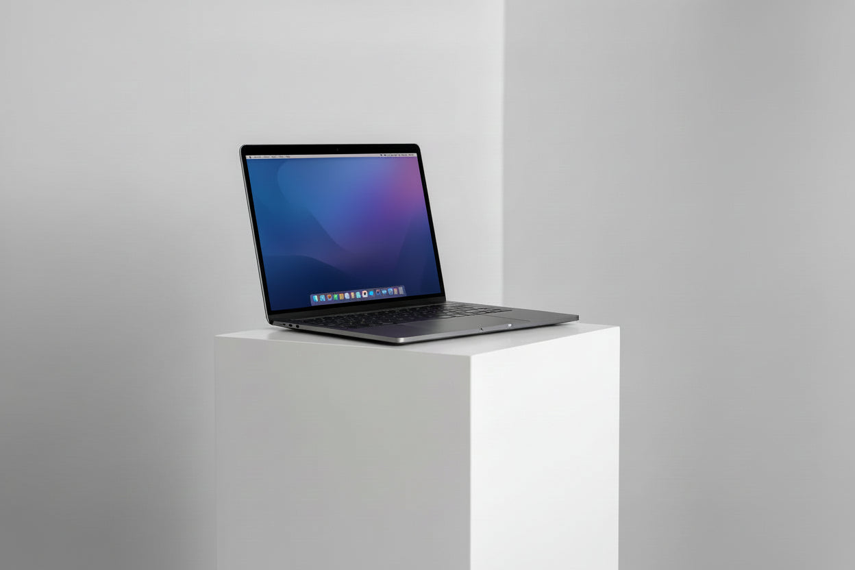 Laptop on a white pedestal against a light gray background
